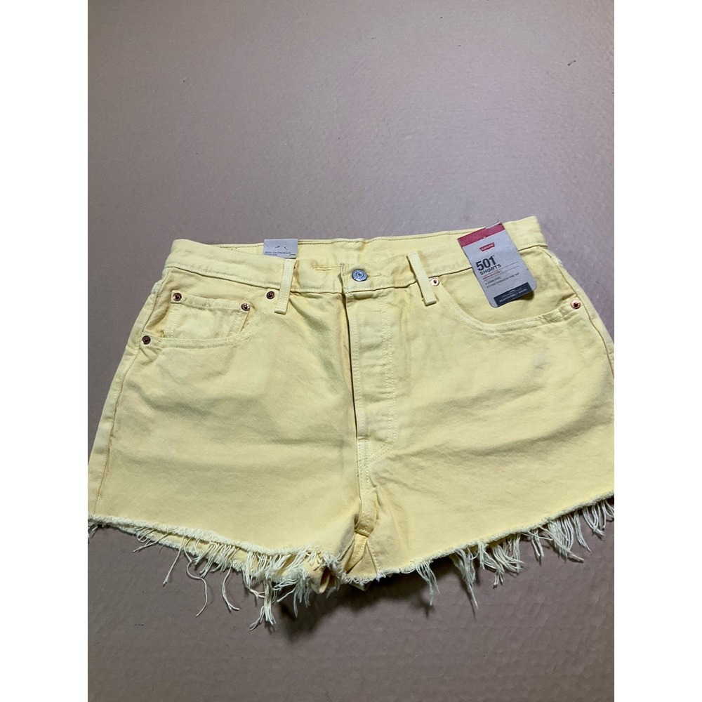 Levis 501 Women's Button Fly Raw Hem Yellow High Rise Denim Jean Shorts Size 32
